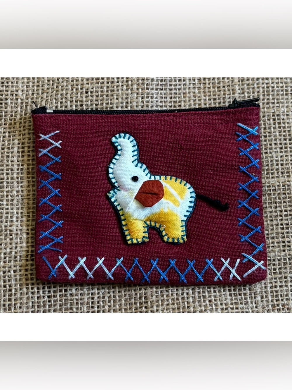 Handmade Elephant Burgundy Change Purse Zippered Pouch Boho Indie Twee